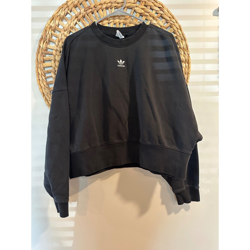 Adidas Originals Women Black Cropped Trefoil Logo Sweatshirt Pullover Crewneck